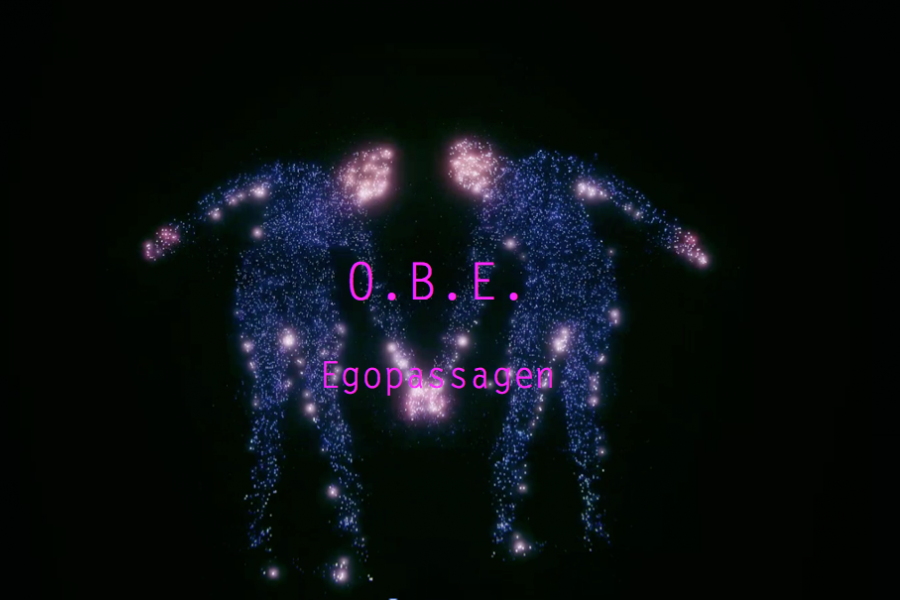two dancers in the same pose but mirrored, touching hands, their shapes dissolving into particles; the title "O.B.E. Egopassagen" lies on top of the image